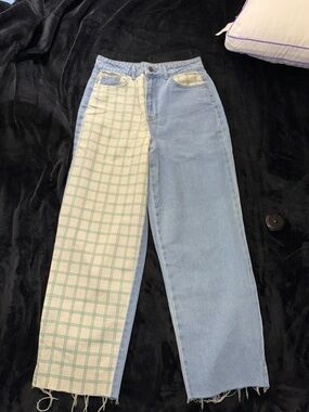 Nasty Gal Two-Tone Straight Leg Jeans in Light Blue & Cream Plaid